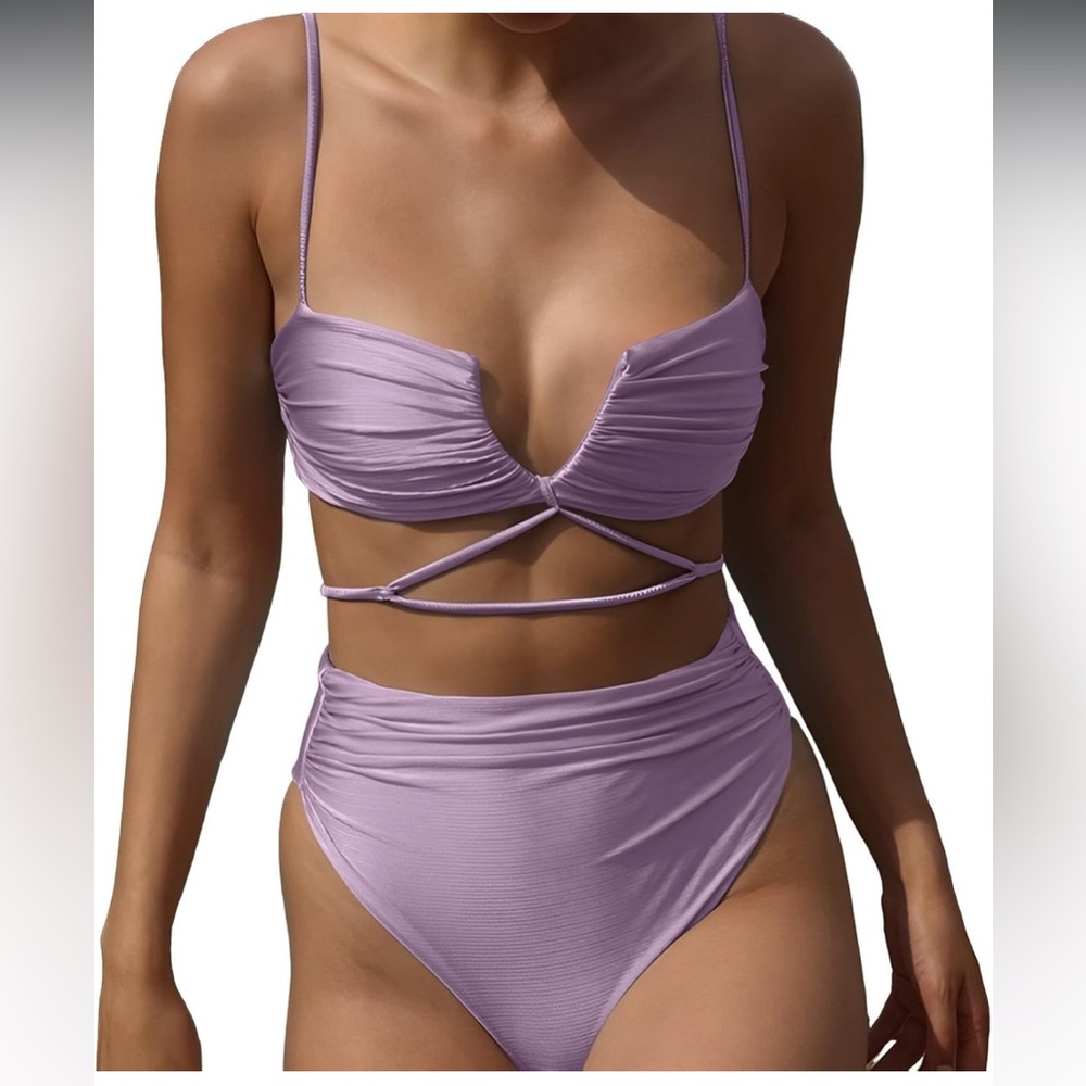 🚘Purple Ruched Bikini with Wrap Top twisted bandeau lace up back tummy control